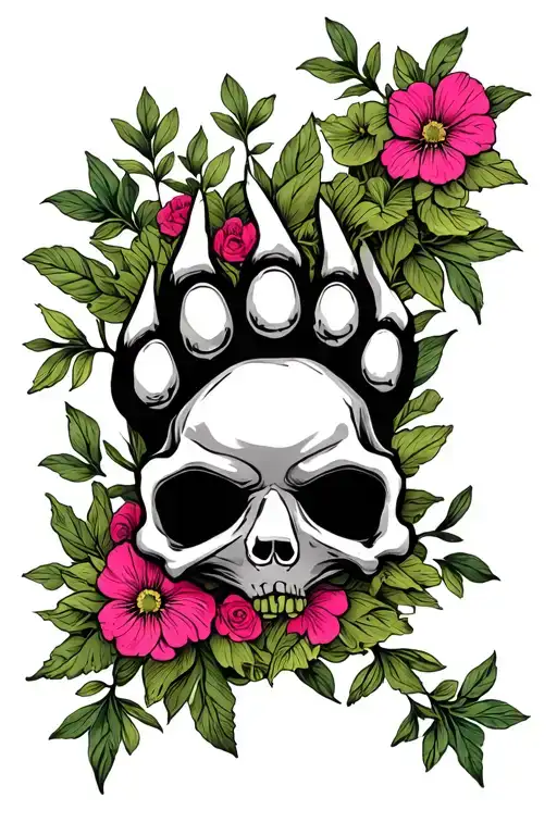 Dog paw with skull and cross bones wrapped in green and pink flowers tattoo design idea