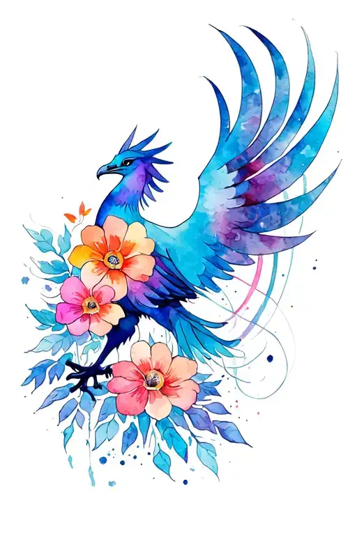 phoenix with flowers and abstract lines tattoo design idea