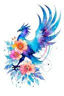 phoenix with flowers and abstract lines tattoo design idea