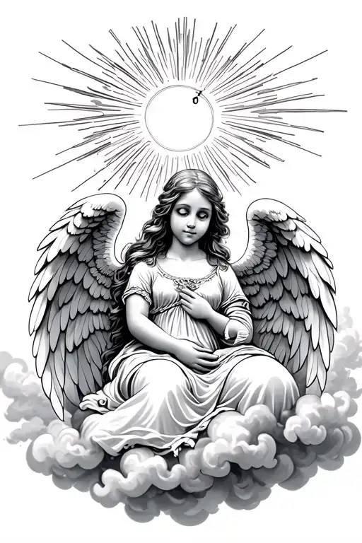 Protect angel in clouds with sun rays. Looking down at birth daughter. 11-08-2025 at 22.53h in a clock. tattoo design idea
