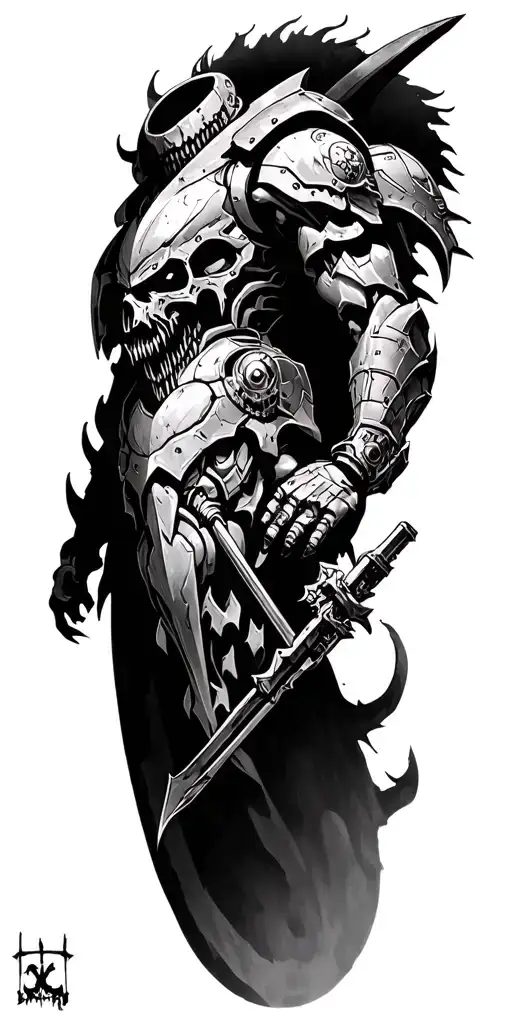 world eaters and death guard fighting  wifn main champions and others black and white full sleeve tattoo design idea