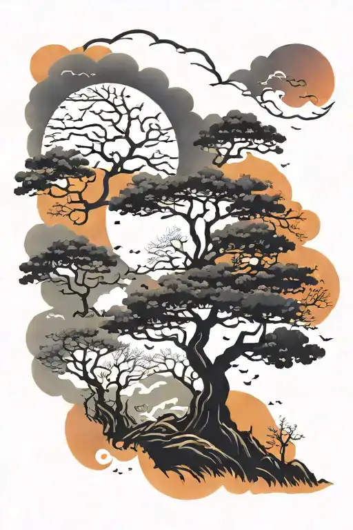 Autumn trees colors sunset scene with smoke and space for letters  tattoo design idea