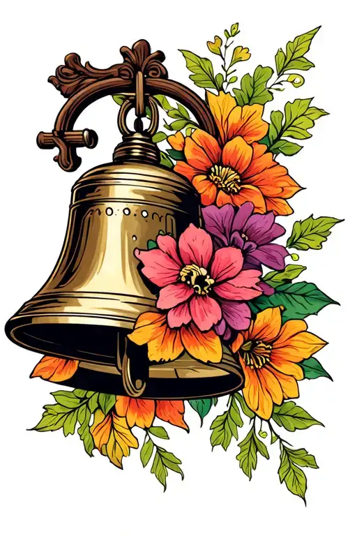 church bell and flowers tattoo design idea
