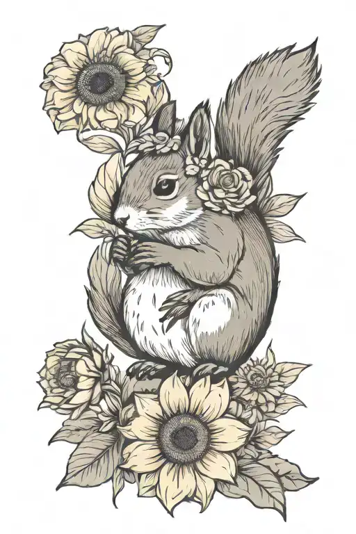 squirrel holding sunflower tattoo design idea