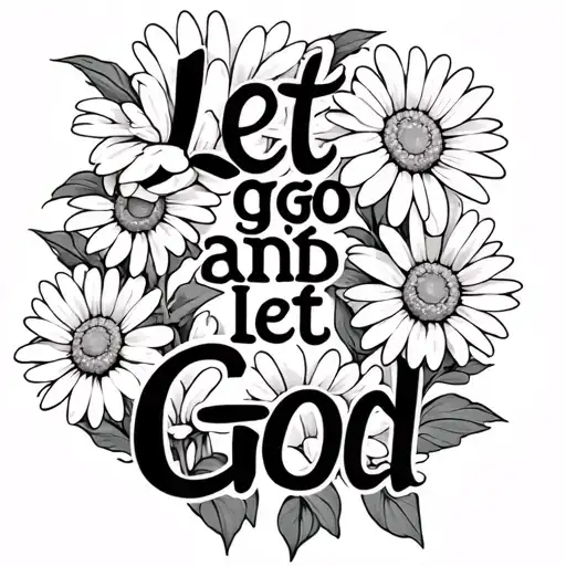 “Let go and let God” with daisies entwined with the words in on straight line tattoo design idea