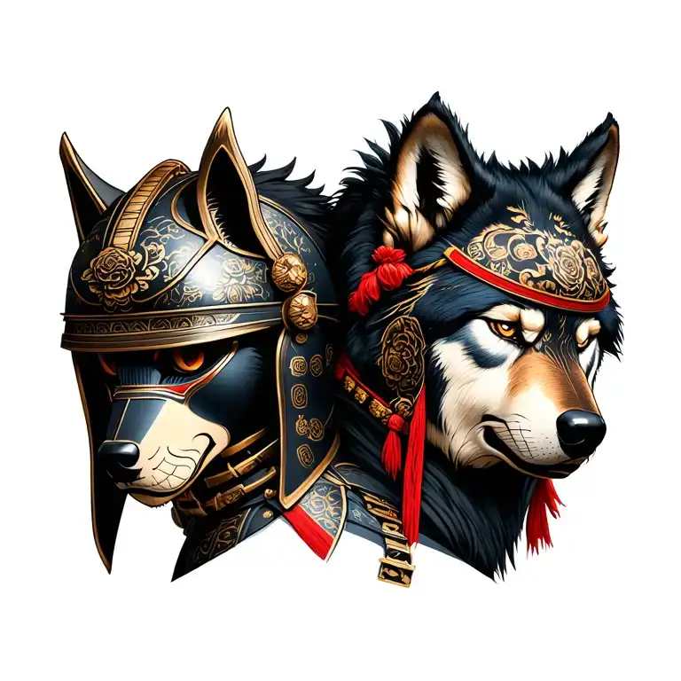Realistic Samurai Helmet between a wolf tattoo design idea