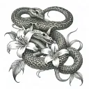 A realistic depiction of a snake wrapped around a skeleton hand with spider lilies in the background tattoo design idea