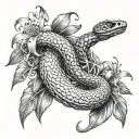A realistic depiction of a snake wrapped around a skeleton hand with spider lilies in the background tattoo design idea
