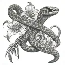A realistic depiction of a snake wrapped around a skeleton hand with spider lilies in the background tattoo design idea