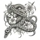 A realistic depiction of a snake wrapped around a skeleton hand with spider lilies in the background tattoo design idea