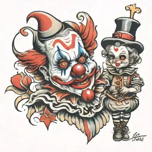 art the clown with little pale girl tattoo design idea