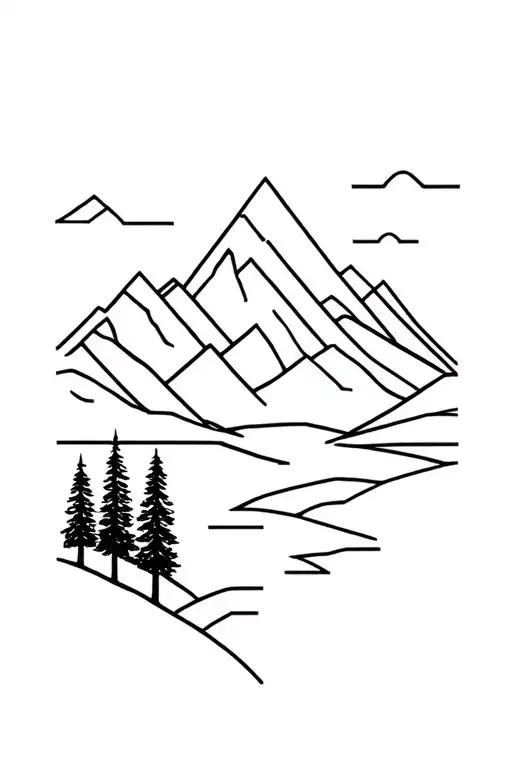 geometric outdoors mountains trees colors sunset over lake tattoo design idea