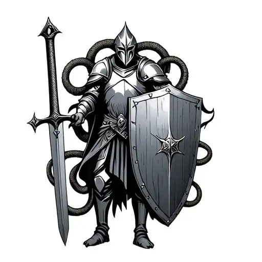 Standing Knight, sword, shield surrounded by snakes tattoo design idea