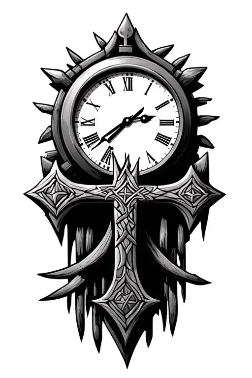 Nordic cross with a clock behind it with the hands on 10 & 3 with a Viking theme as the background  tattoo design idea