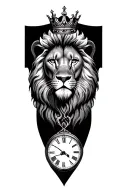 realistic lion with crown and clock on bottom all connected sleeve tattoo design idea