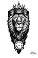 realistic lion with crown and clock on bottom all connected sleeve tattoo design idea