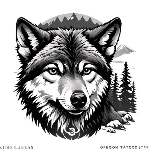 mother wolf protection cub under her chest, 3J symbol on the thigh of the cub. oregon mountains and trees in the back tattoo design idea