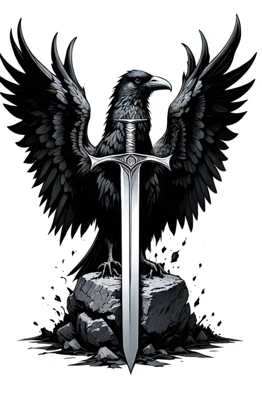 one black crow wings with sword coing out of a stone in the middle tattoo design idea
