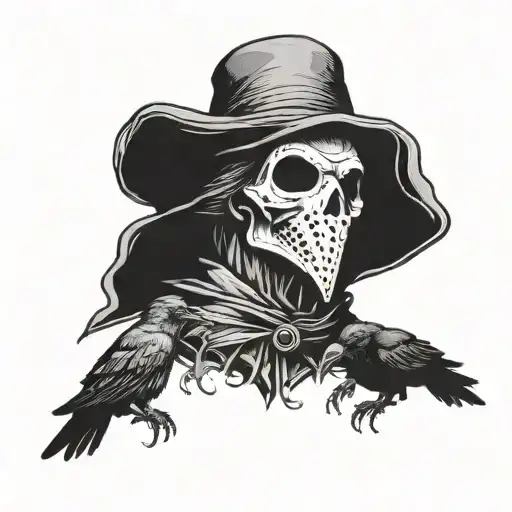 plague doctor holding skull surrounded by rats and ravens tattoo design idea