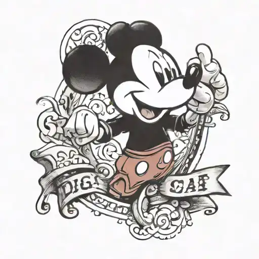 A realistic portrait of Mickey Mouse with a bold 'IDGAF' banner underneath, reflecting your mantra of not giving a fuck, in a neotraditional style tattoo design idea