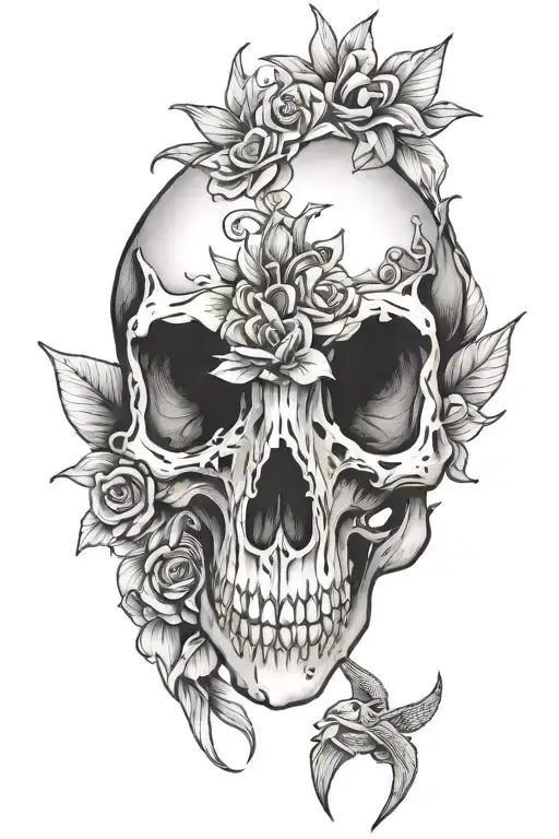 pterodactyl skull with flowers tattoo design idea