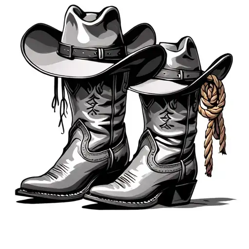 cowboy boots with a cowboy hat and rope hanging on one boot tattoo design idea