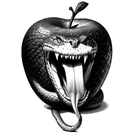 large snake with tongue sticking out next to half bitten apple tattoo design idea