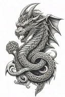 viking dragon with celtic knots for scales wrapping a hammer  tattoo design idea