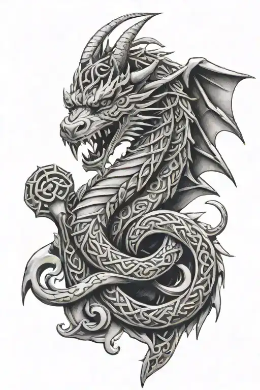 viking dragon with celtic knots for scales wrapping a hammer  tattoo design idea