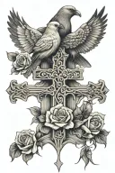 doves and raven perched on cross with roses  tattoo design idea