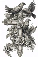 doves and raven perched on cross with roses  tattoo design idea