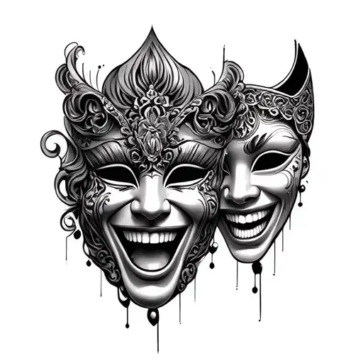 Venetian mask inspired black and grey realism style tattoo based on the theater faces concept (one laughing and crying) tattoo design idea
