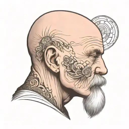 bald head profile holding tattoo design idea