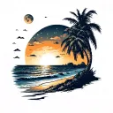 A tattoo design featuring a beach sunset with a moon in the background, incorporating elements of hip hop and R&B music tattoo design idea