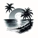 A tattoo design featuring a beach sunset with a moon in the background, incorporating elements of hip hop and R&B music tattoo design idea