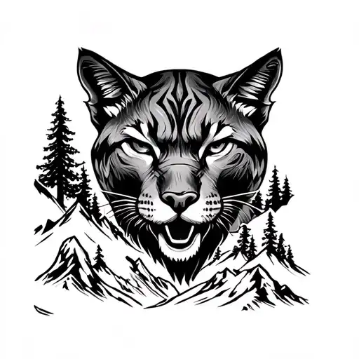tough cougar in the woods with mountains with Kayla, Kambry and Kolsyn carved in some trees. rustic look tattoo design idea