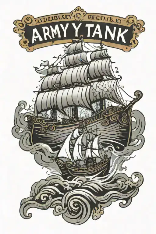 Army tank transformed into a Viking ship sailing on stormy seas tattoo design idea