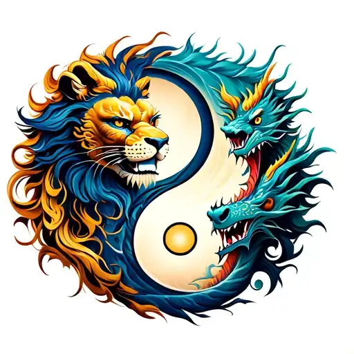 ying and yang sign with lion head and dragon head tattoo design idea