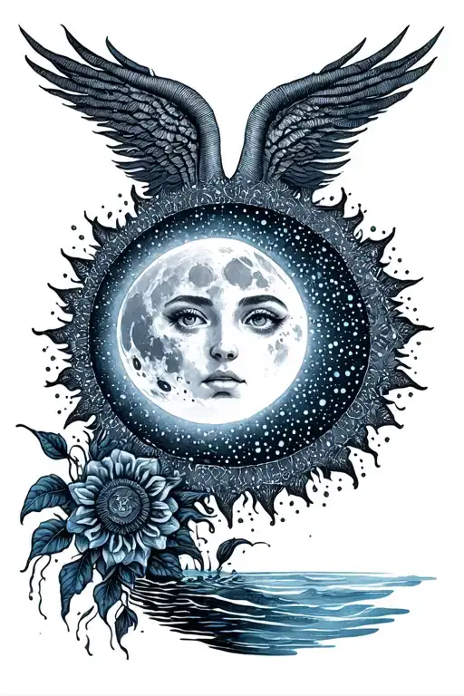Moon sun water healer royalty spiritual enlightenment love  tattoo design idea