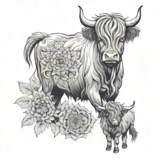 highland cow with baby cow and flowers and autumn leaves and a mandala and sunflower tattoo design idea