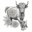 highland cow with baby cow and flowers and autumn leaves and a mandala and sunflower tattoo design idea