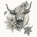 highland cow with baby cow and flowers and autumn leaves and a mandala and sunflower tattoo design idea