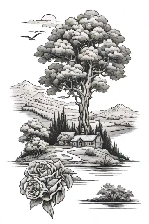 memorial piece country landscape tattoo design idea