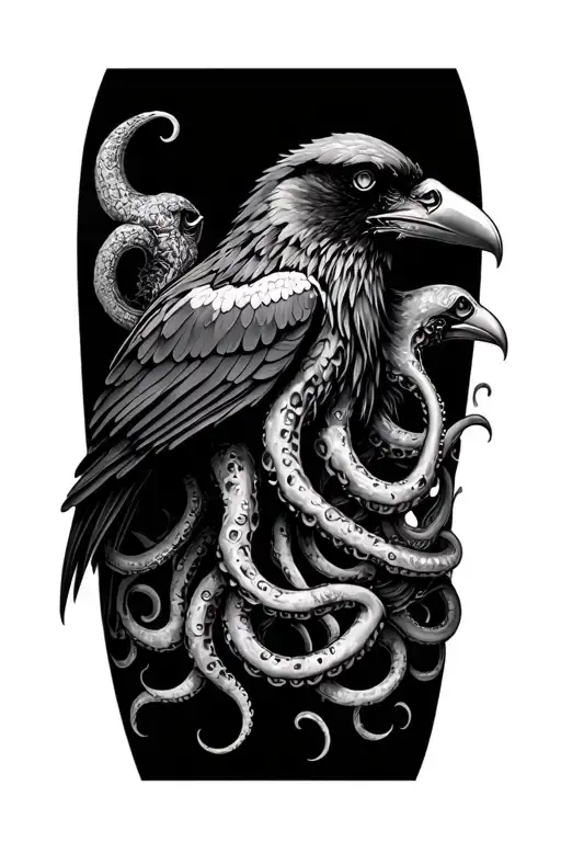lovecraftian inner forearm with raven and cthulu tattoo design idea