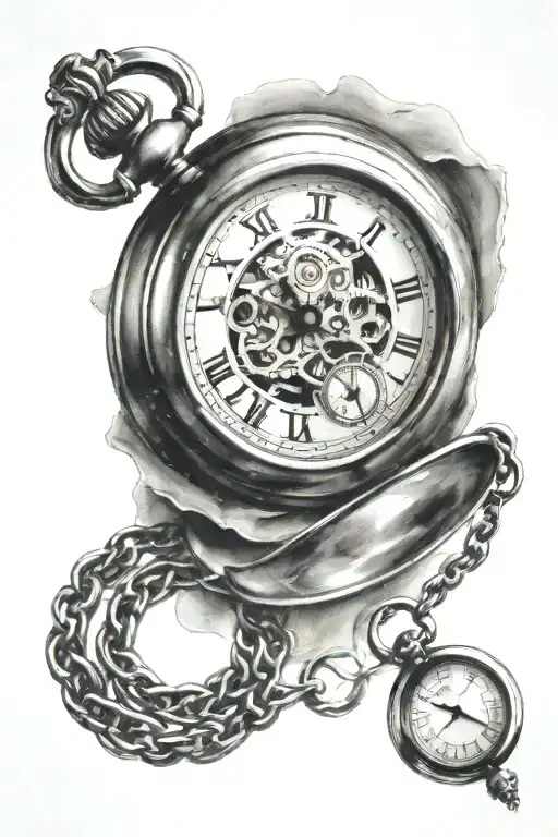 an open pocket watch (with a chain and a cracked glass face) where the time is stopped at 6:05, with a mix of suculante  tattoo design idea