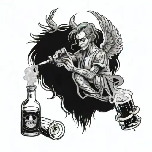 bad boy angel sutting in clowd of weed smoke from bong im ok momma in ribbon wiskey beer bottles bud mirror lines on it  tattoo design idea