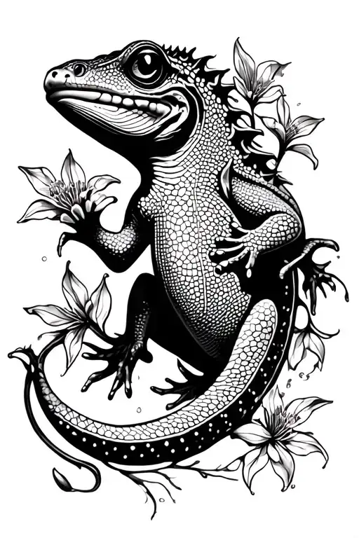 swirly gecko with clematis vines tattoo design idea