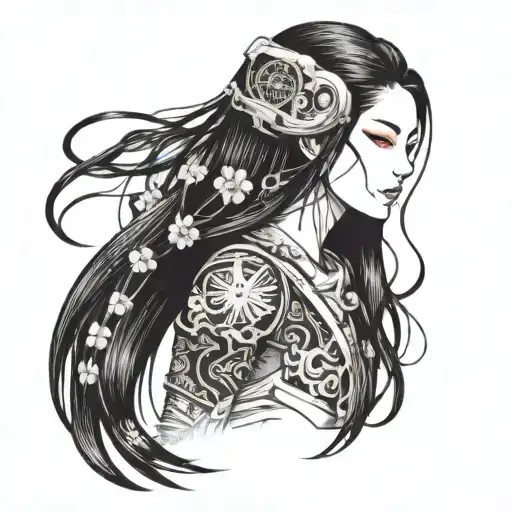 Imagine a cybernetic woman inspired by traditional Japanese culture. She has long, black, straight hair. tattoo design idea