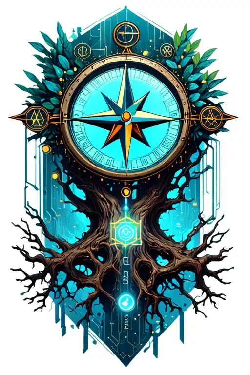 tree with time clock and compass wirh lighting  tattoo design idea