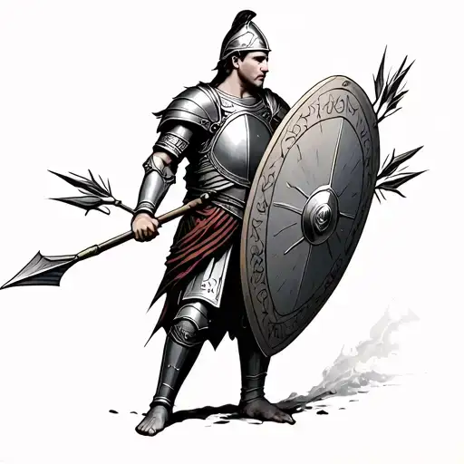 Roman soldier with shield of faith armor of God and taking arrows  tattoo design idea